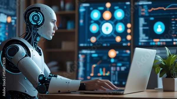 Fototapeta A futuristic humanoid robot intently uses a laptop, with glowing digital interfaces projected around it, symbolizing artificial intelligence and advanced automation in a modern work environment.