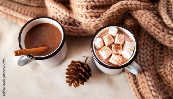 Fototapeta cozy autumn two mugs of hot chocolate with marshmallow cinnamon stick and cocoa powder with coffee cup pinecone and beige knitted blanket