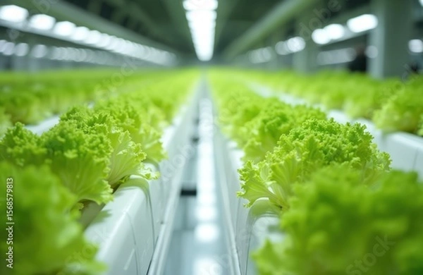 Fototapeta Rows of fresh Frillice Iceberg lettuce grow in modern indoor hydroponics farm. Bright LED lights illuminate rich green leaves. Advanced vertical farming system cultivates healthy, organic vegetables