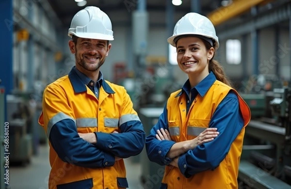Fototapeta Male engineer and female mechanic in hard hats and safety vests. They stand in a factory, arms crossed, smiling. Represents technical training, vocational education, and teamwork in manufacturing.
