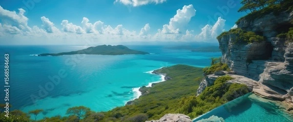 Fototapeta Scenic landscape view from the top of a nature reserve over turquoise sea with stunning ocean views and empty copy space for text.