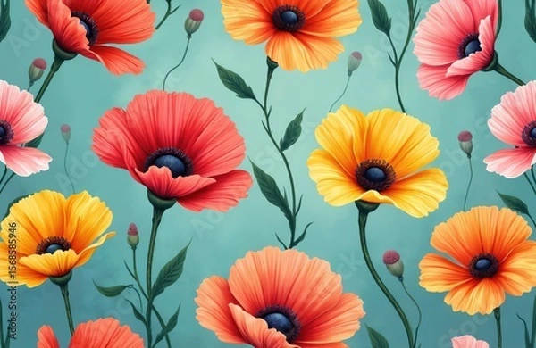 Fototapeta Vintage illustration featuring colorful blooming botanical flowers with dreamy, abstract quality. Seamless pattern nature theme with hand-drawn floral designs in red, orange, yellow, pink hues,