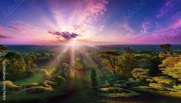 Fototapeta enchanted forest canopy with sunlight rays and pink dusk sky