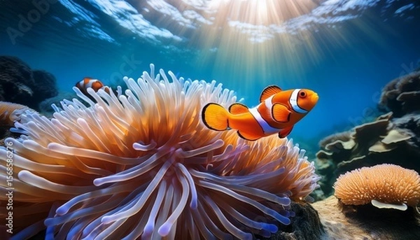 Fototapeta enchanting allure of clownfish as they grace their natural abode with hues frolicsome antics and harmonious symbiosis shared with sea anemones