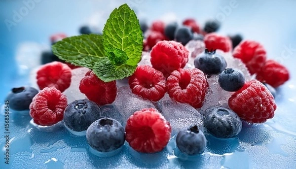 Fototapeta freshly picked raspberries and blueberries glisten with dew nestled on ice garnished with a mint leaf for a refreshing vibrant summer snack perfect for health conscious indulgence