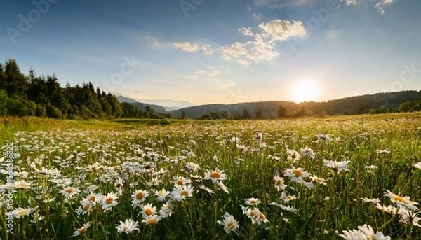 Fototapeta lush field with blooming white daisies in soft sunlight during a serene afternoon in a vibrant green meadow