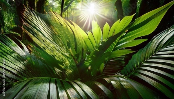 Fototapeta lush tropical foliage bathed in sunlight vibrant green leaves creating a serene and tranquil jungle scene