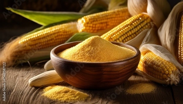 Fototapeta medium closeup of a rustic wooden bowl filled with vibrant yellow cornmeal on weathered wooden surface with fresh corn husks in the background soft natural lighting highlighting rustic textures and