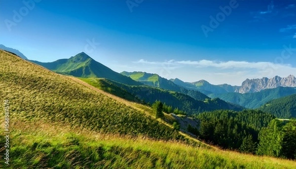 Fototapeta mountain landscape with green forest and clear blue sky creating peaceful and natural atmosphere