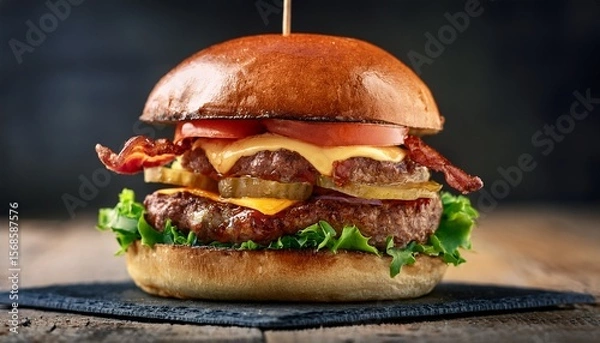 Fototapeta mouthwatering stacked burger featuring bacon cheese fresh vegetables and toasted buns in a modern setting