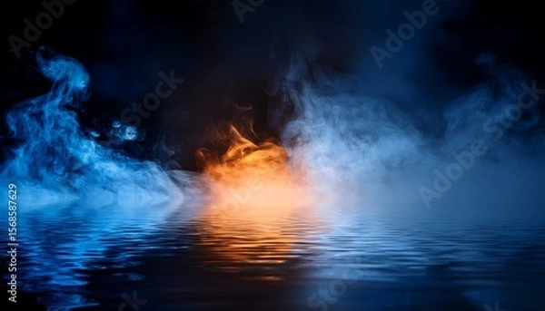 Fototapeta mysterious blue mist or smoke rising over a dark water surface with subtle orange glowing lights beneath creating an eerie and atmospheric scene