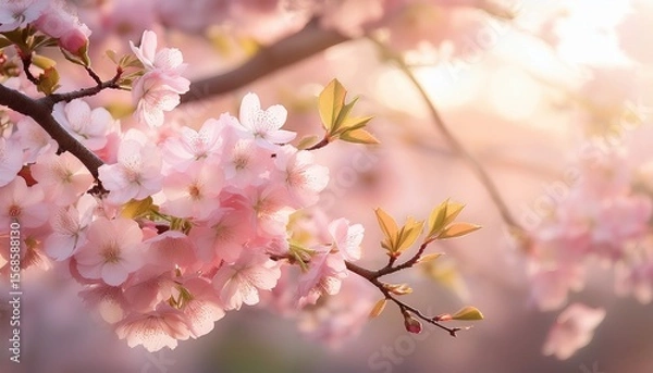 Fototapeta soft pink blossoms on branches with gentle background light