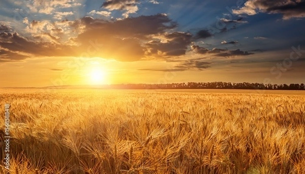 Fototapeta sun drenched fields of wheat sway gently in a summer breeze bathed in golden light the scene evokes a sense of peace and sacred stillness a holy summer day pastoral clouds sunbeams