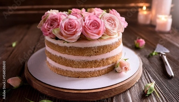 Fototapeta sweet cake featuring layers adorned with delicate pink roses creating charming and inviting presentation warm tones and rustic background enhance overall appeal
