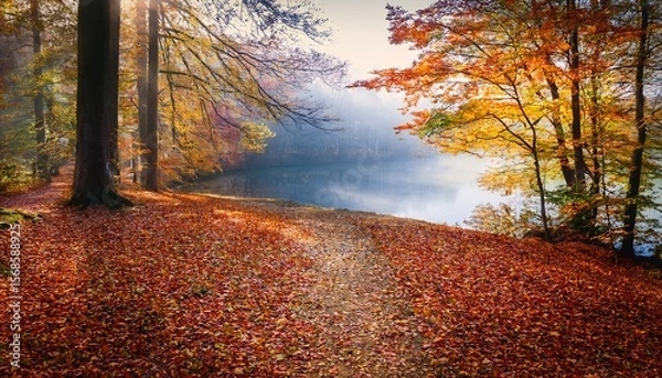 Fototapeta tranquil lakeside path in autumn forest with colorful fallen leaves and misty atmosphere