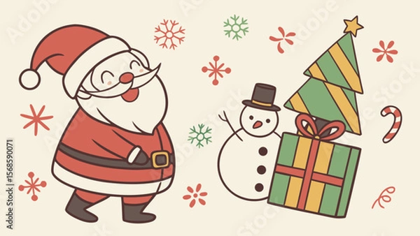 Fototapeta Christmas Holiday Clip Art Set — Santa Claus, Gifts, Tree, Snowflakes & Festive Decor in Hand-Drawn Style
