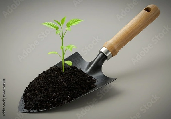 Fototapeta gardening shovel full of soil, with a small plant sprouting in the center, neutral background, natural lighting, realistic style.
