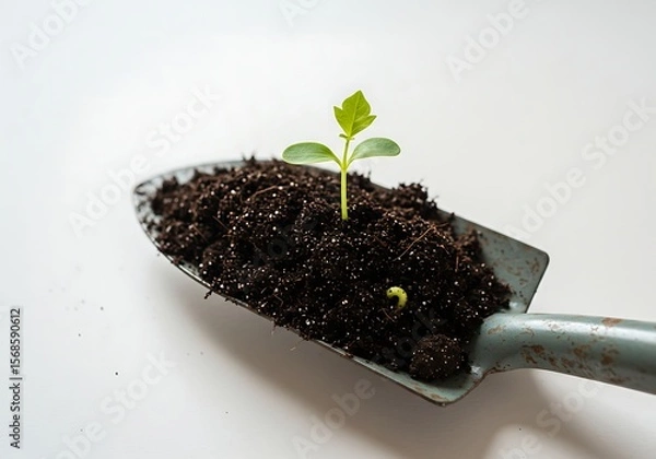 Fototapeta gardening shovel full of soil, with a small plant sprouting in the center, neutral background, natural lighting, realistic style.