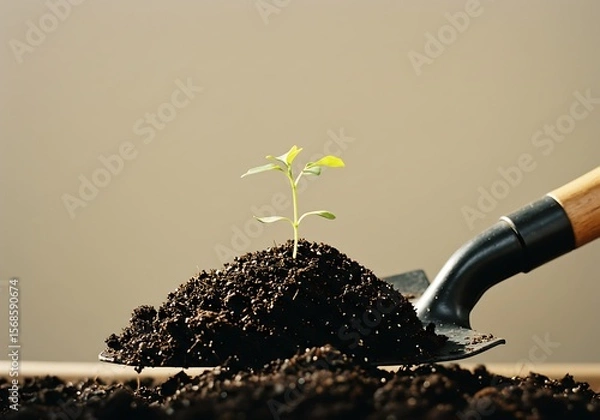 Fototapeta gardening shovel full of soil, with a small plant sprouting in the center, neutral background, natural lighting, realistic style.