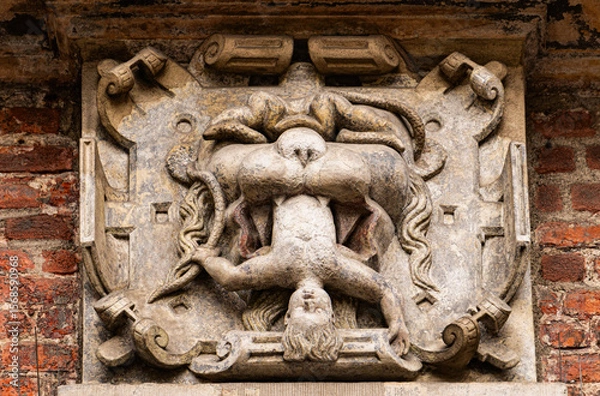 Obraz Medieval stone panel with lion and royal coat of arms