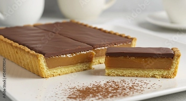 Obraz Cross-section view of rectangular Scottish caramel tart with biscuit base and milk chocolate topping on white plate with cocoa powder, white background