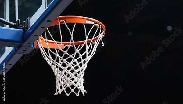 Fototapeta Closeup of basketball hoop with white net, orange rim against dark background. This indoor sports equipment, often found in gyms or arenas, is ready for scoring. Isolated detail shot.