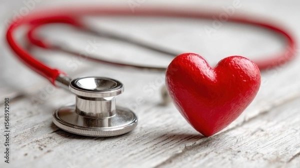 Fototapeta Red Heart and Stethoscope on Wooden Surface: A Symbol of Healthcare and Cardiology