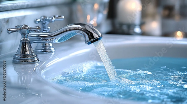Fototapeta A chrome faucet streams water into a pristine white bathtub in a sleek, modern bathroom. Minimalist design, clean lines, and a fresh ambiance emphasize comfort, hygiene, and home elegance.

