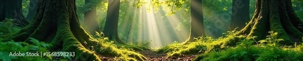 Fototapeta Sun-dappled Forest Floor Moss, Ferns, and Ancient Trees in Peaceful Autumn Woodland