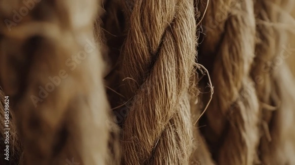 Fototapeta Close-up shot of thick, textured rope, showcasing intricate braided fibers.  The image focuses on the details of the rope's texture and color.