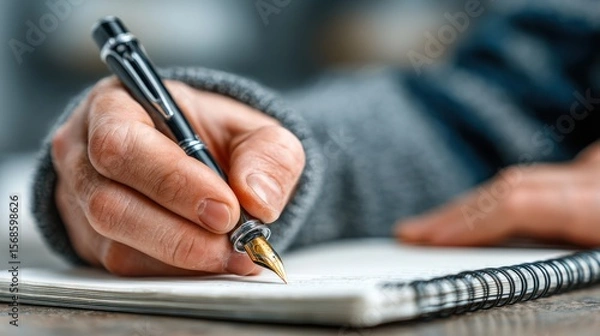 Fototapeta Close-up of a Hand Writing in a Notebook with a Fountain Pen