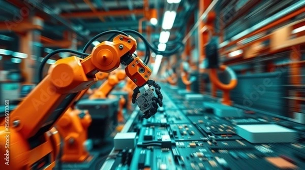 Obraz Robotic arm assembles electronic part