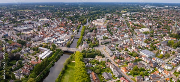 Obraz Aerial view of the old town of the city Rheine in Germany on a sunny spring morning