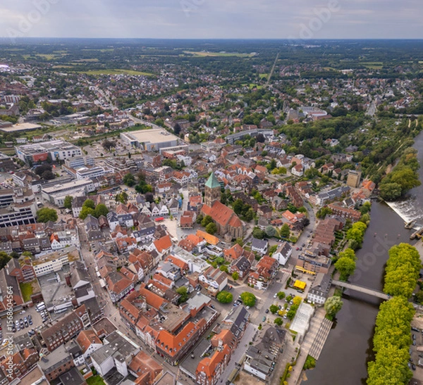 Fototapeta Aerial view of the old town of the city Rheine in Germany on a sunny spring morning