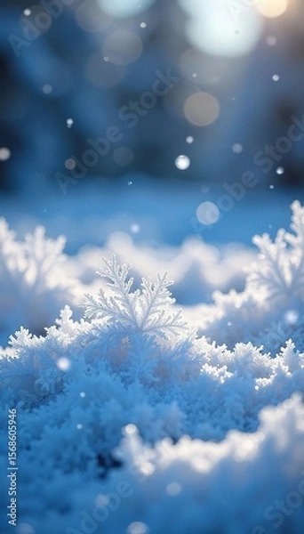Fototapeta Ethereal Winter Landscape Glistening Ice Crystals Falling on a Frosted Field, Creating a Magical Blizzard Scene