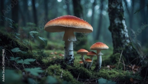 Fototapeta A beautiful mushroom grows in the forest thicket.