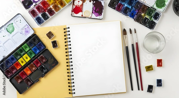 Fototapeta Watercolor paints and notebook for painting, top view