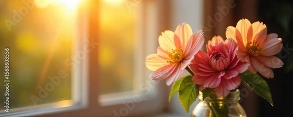 Fototapeta Sunlit Flowers in Vase Ethereal Glow of Delicate Blooms, Soft Light and Shadow