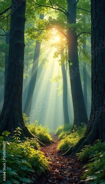 Fototapeta Discover Serenity Sunlight Dapples Through Ancient Trees in a Deep, Untouched Forest Wilderness. Explore the magical, untamed beauty of natures remote, green realm.