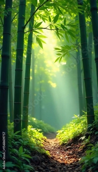 Fototapeta Serene Bamboo Forest Sunlight Dapples Tranquil Green Stalks, Perfect for Relaxation and Meditation Imagery