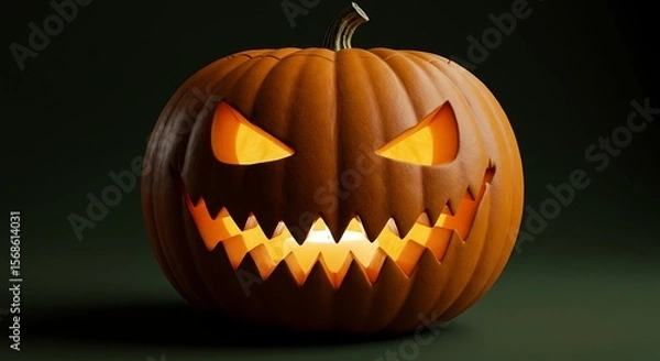 Fototapeta Halloween pumpkin cut out with scary face, featured on solid plain background, soft lighting, realistic style.