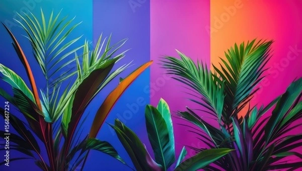 Fototapeta Vibrant tropical plants in front of colorful backgrounds with shades of blue, pink, purple, and orange, showcasing lush green foliage.