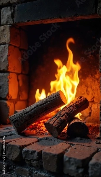 Obraz Rustic Fireplace with Crackling Firewood Flames Cozy Winter Night Scene