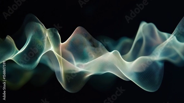 Fototapeta Abstract wave forms in teal, pale yellow, and white, on a black background