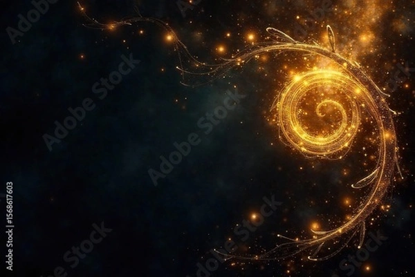 Obraz Glowing Gold Leaf Swirls Mystical Art, Ancient Magic, Fantasy Background
