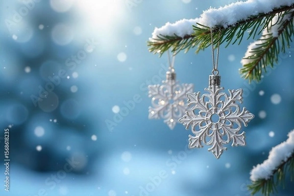 Obraz Delicate Silver and White Snowflake Ornaments Hanging on a Snowy Branch, Magical Winter Holiday Scene, Perfect for Seasonal Gift Giving