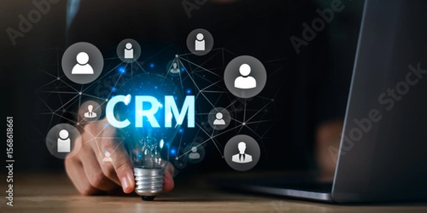 Fototapeta Businessman showing customer relationship management concept, CRM ,strategy or software to follow up on sales ,Customer relationship building ,creating satisfaction and confidence for customers