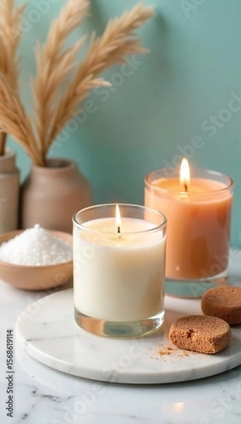 Obraz Luxurious Soy Candles & Spa Essentials Relaxing Self-Care Scene on Marble