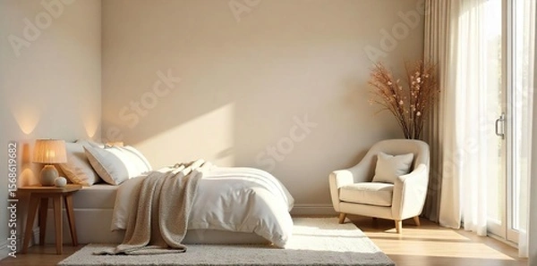 Obraz Serene Maternity Bedroom Soft Lighting, Neutral Tones, Cozy Nursing Chair - Perfect for Relaxation and Preparing for Babys Arrival