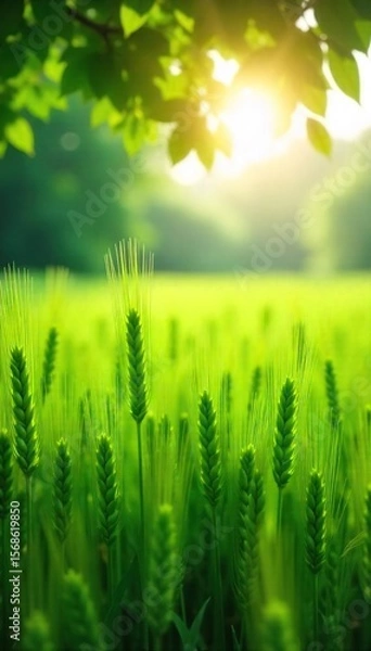 Obraz Serene Summer Barley Field Sunlight Dapples Lush Green Crops Gently Swaying in a Peaceful Breeze